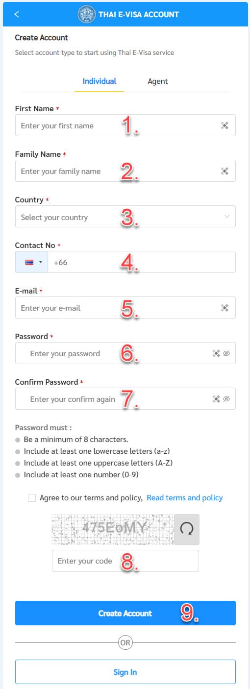 03. Thailand E-Visa Account erstellen