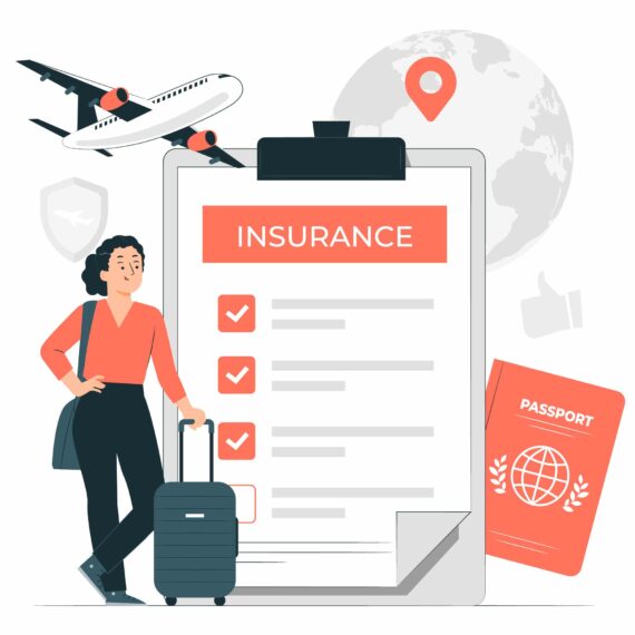 Comic einer Frau mit Koffer im Hintergrund ein Klemmbrett mit Versicherungspapieren, eine Weltkugel, ein Flugzeug und ein Reisepass