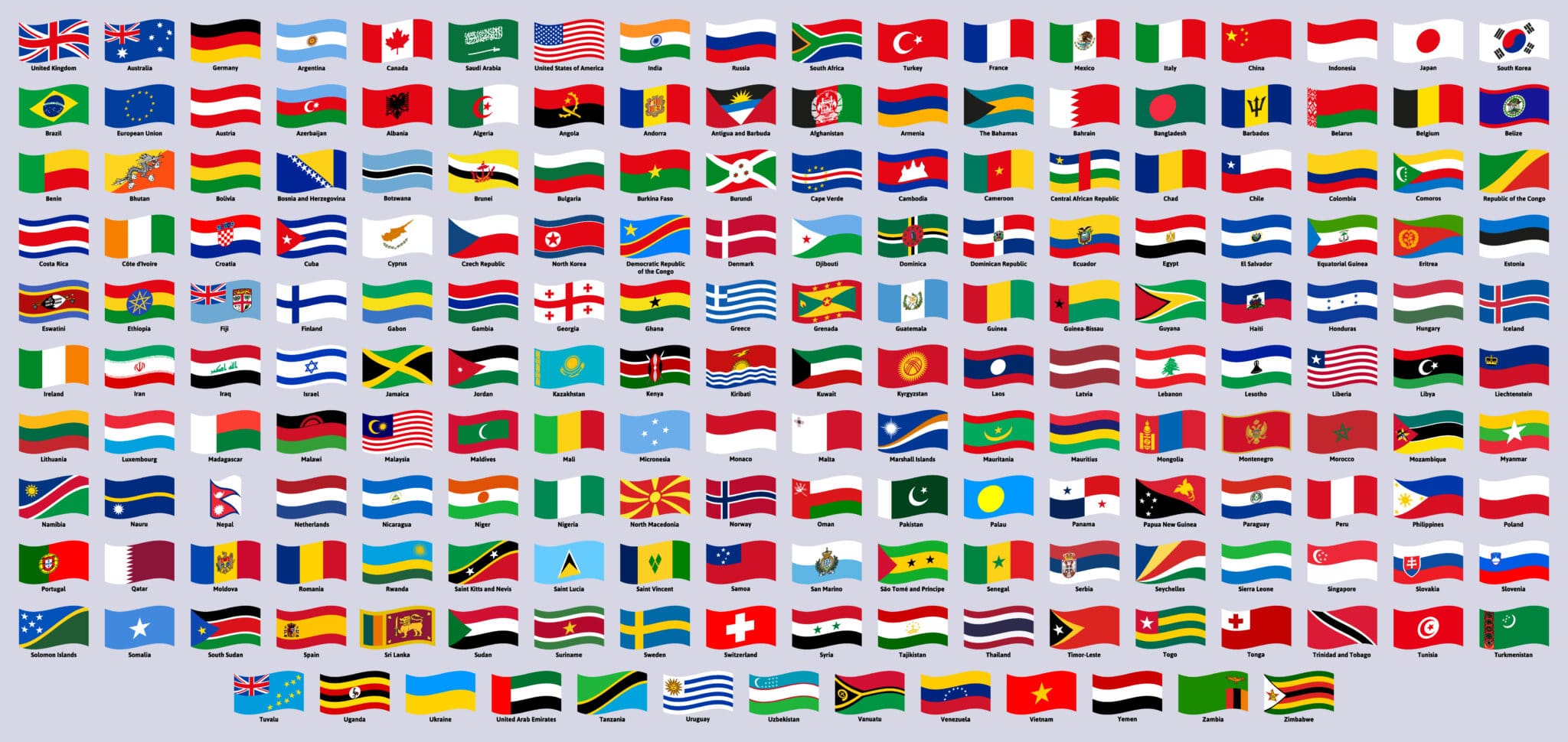 Abbildung der Flaggen aller Länder weltweit